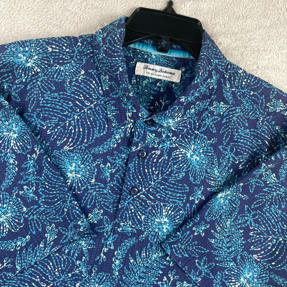 Tommy Bahama Polo Shirt Mens Medium Blue Floral The Bahama Coast Island Zone
